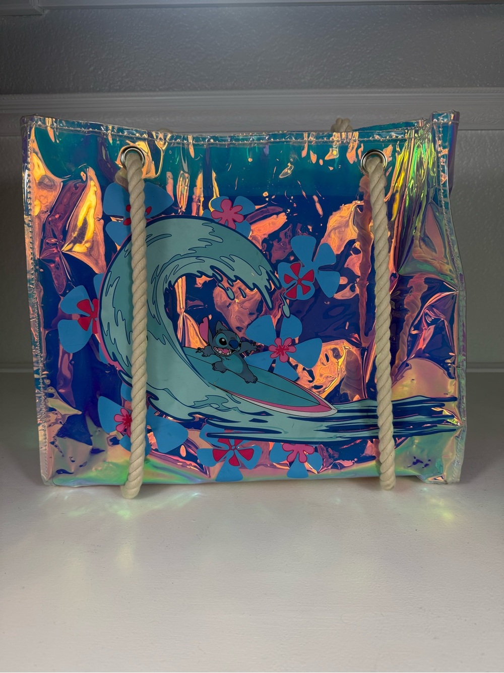 Disney Holographic Stitch Surf Tote Bag in Blue and Pink